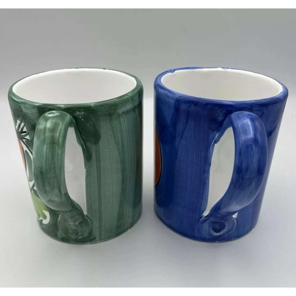 2 Pier 1 Set Garden Herb Mugs Handpaint Whimsy Carrot Pumpkin Veggie Fruit 12 Oz